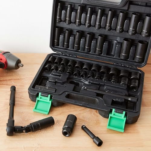 Amazon Basics 46-Piece 3/8-Inch Drive Socket Set with 6 & 12 Point Sockets, 72 Teeth Ratchet, SAE & Metric Sizes, Extension Bars, Universal Joint, Carrying Case - size: 13.1 x 9.7 x 3 inches
