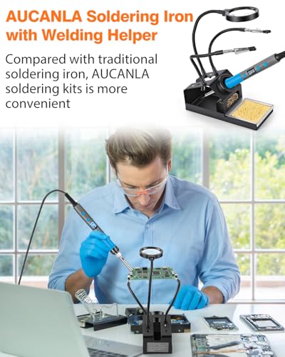 Soldering Iron Kit, 100W High Power LCD Digital Solder Iron Pen, Fast Heating Soldering Tool with Magnifying Glass and Helping Hands, Iron Tips, Solder Wire, Tweezer, Automatic Sleep Mode - color: Blue
