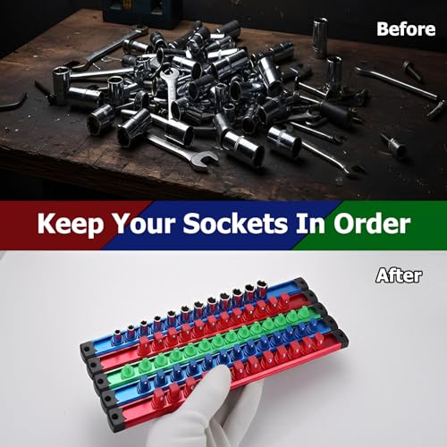 11 Pcs Magnetic Socket Organizer Set, 1/2", 1/4", 3/8" Magnetic Socket Rail for Tool Box Drawer, Socket Holder Magnetic with 148 Pcs Standard Size for Automotive Garage
