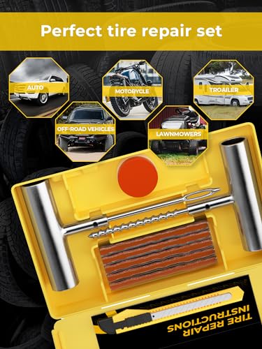 AUTOWN Flat Tire Repair Kit 15pcs, Heavy Duty Tire Plug Kit to Fix Puncture | Tire Patch Kit with Portable Storage Case, Emergency Tool for Car, Motorcycle, ATV, UTV, RV, Trailer, Tractor, Jeep, and More