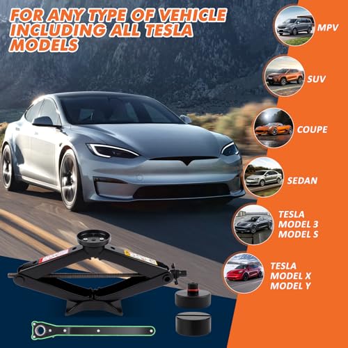 Portable Car Jack Kit, 3 Ton Auto Scissor Jack Kit for Tesla Model Y Model 3/S/X, Tire Repair Kit with 2 Tesla Specific Jack Pads & Lug Wrench, Universal Car Emergency Set for Sedan/SUV/MPV