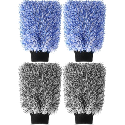 4 Pack Microfiber Car Wash Mitts Set 10x7 Inch Soft Suede Lining Car Wash Gloves, Highly Absorbent Scratch-free Cleaning Cloths for Auto Detailing, Safe with All Soaps, Bucket (Blue & Black) - color: Blue & Black