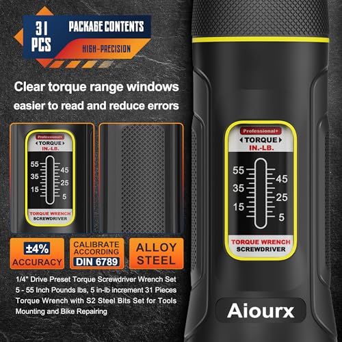 Preset Torque Screwdriver Wrench Set, 5-55 Inch Pounds lbs, 31 Piece 1/4" Drive Torque Screwdriver Wrench with S2 Steel Bits for Bicycle Mechanics, Mechanical Equipment, and Mounting - size: 5-55 in.-lb. Standard