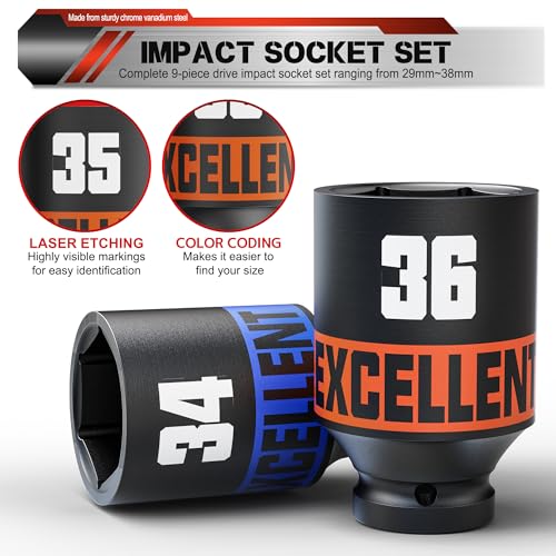 9 Piece 1/2-Inch Drive Impact Socket Set, 29-38mm Alxe Nut Sockets, 6 Point Metric Sockets for Automotive Repair, Equipment Maintenance - size: 1/2 Inch Metric Axle
