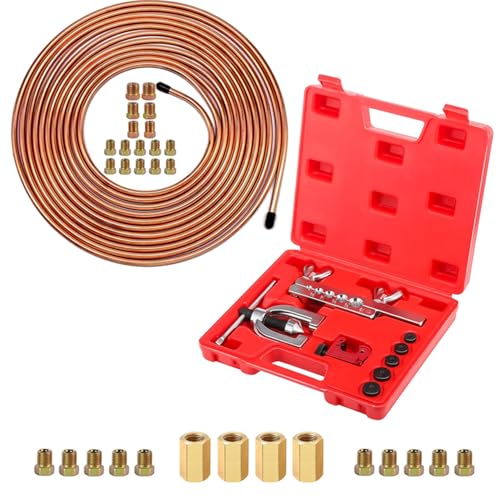 3/16 Inch Brake Line Flaring Tools kit Include 25Ft/7.62m Copper-Plated Brake Pipe with 3/16 Brake Line Fittings (Brake Line Flaring Tools+25Ft Brake Line+28Fittings) - style: Brake Line Flaring Tools+25Ft Brake Line+28Fittings