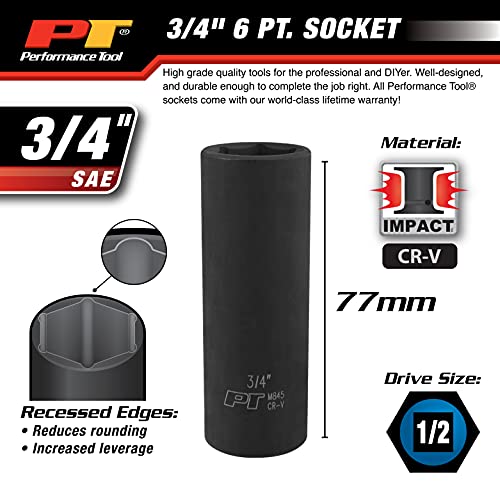 Performance Tool M845 1/2 Drive Impact Socket, 3/4-Inch Drive, 6-Point, Deep, Chrome Vanadium Steel Construction for Heavy-Duty Jobs - size: 3/4", style: Deep Wall Impact