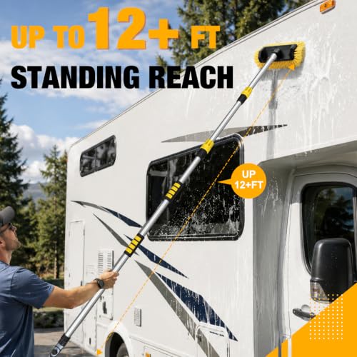 LAANPOLE 12FT Car Wash Brush with Long Handle, Car Cleaning Brush with 12 Inch Soft Bristle and Soap Dispenser, Solar Panels Cleaner with Telescoping Pole for RV, Truck, Boat, House Siding, Yellow - color: Yellow
