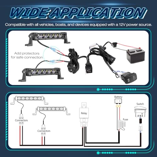 Wiring Harness 2 Lead, Niwaker Nylon Wire Harness Kits for LED Light Bar LED Pods Work Lights Fog Lights 12V 40A Wiring with Rocker Switch Relay Fuse Compatible with Truck UTV ATV SUV Off Road RV Boat