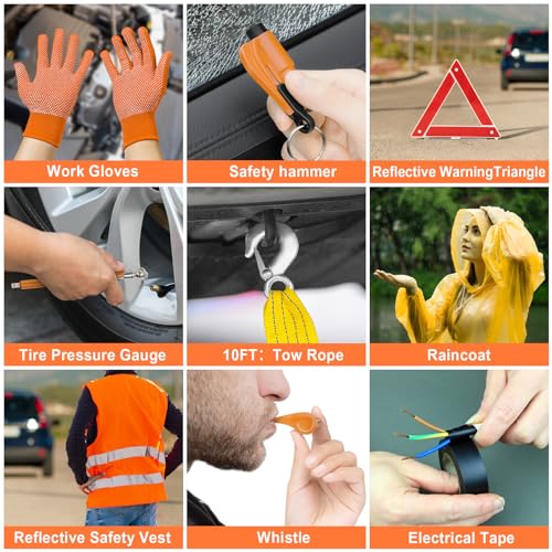 131 Pieces Car Emergency Safety Kit Bag with Air Compressor Jumper Cable Tire Pressure Gauge Roadside Emergency Car Kit for Vehicles