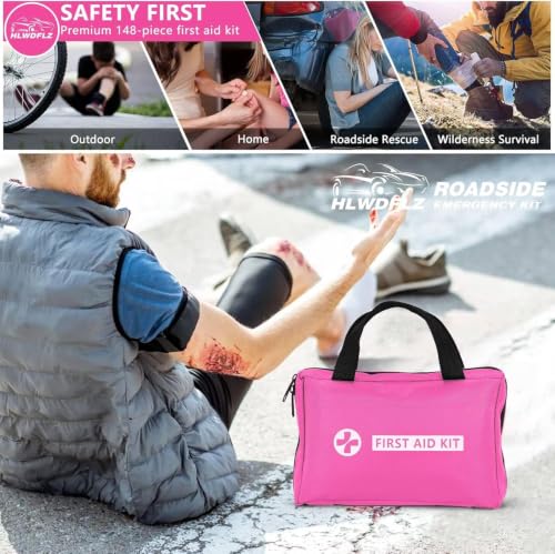 Car Emergency Kit with Portable Air Compressor - Roadside Assistance Emergency Kit with Jumper Cables, First Aid Kit, Auto Tool Set, Winter Safety Kit for Women, Men, Teen (Pink) - color: Pink