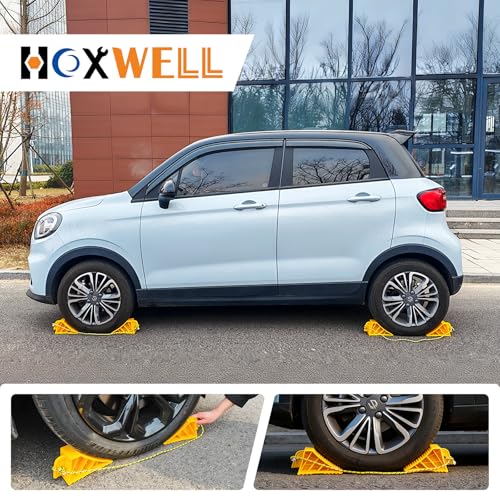 HOXWELL 2 Pair Wheel Chocks with Rope & Handle Design for Travel Trailers, Non Slip Yellow Wheel Chock, Lightweight Wheel Stoppers for Cars Campers Trucks RVs, Easy to Carry - color: Yellow-2 Pair