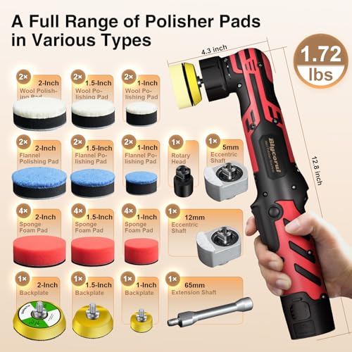 Cordless Mini Polisher,1/1.5/2Inch,DA&RO with 11 Variable Speed 2500-6000 RPM,2 * 2.3Ah Rechargeable Batteries,Red Car Detailing Micro Polisher