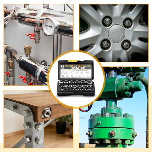 14 Pcs Bolt Extractor Kit-3/8" Drive for IMPACT Stripped Bolt Extractor Set Made Of Cr-Mo Steel, Extractor Socket Set For Damaged, Studs, Rusted, Rounded-Off Bolts, Nuts & Screws