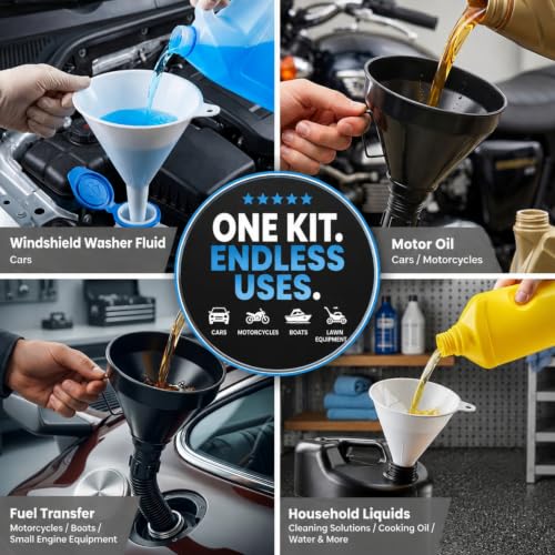 5 Pcs Automotive Oil Funnel Set, Spill-Free Fluid Transfer Kit. | Wide Mouth Fuel Funnel with Extension Hose & 4 Standard Funnels for Gas, Diesel, Motor Oil, Transmission Oil, Cars Trucks.