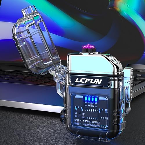 LcFun USB Rechargeable Electric Lighter, Windproof Plasma Dual Arc Lighters, Waterproof Flameless Lighter with Battery Display & Flashlight for Hiking, Camping Gear, Survival Kits - color: Black With Cob
