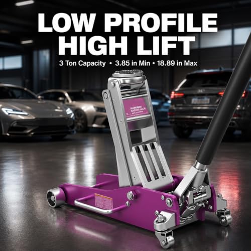 3 Ton (6,600 lbs) Low Profile Aluminum Hydraulic Racing Floor Jack with Dual Piston Quick Lift Pump, Lifting Range 3.74" to 18.9", for Cars, Trucks and SUVs, Purple