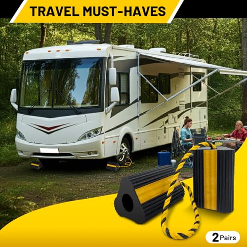 ROBLOCK Wheel Chocks (2pair/4pack with Rope) for RV Trailer Camper Truck Car Aircraft, Versatile Heavy Duty Rubber Wheel Chocks Block with 3 Reflective Strips, Tire Wheel Immobilizers & Chocks