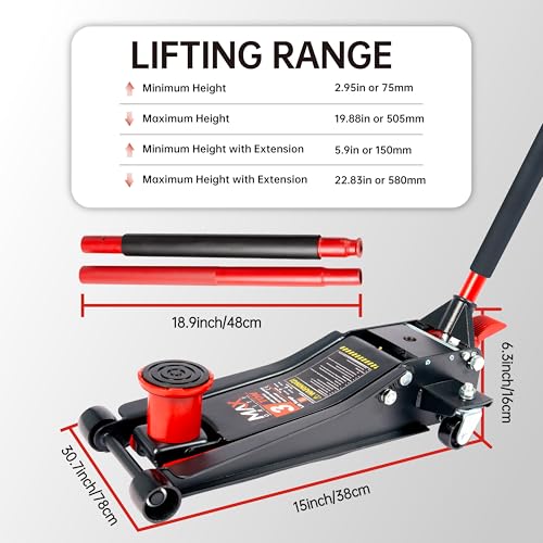 3-Ton (6600lbs) Low-Profile Dual Pistons Heavy-Duty Steel Racing Off Road Floor Jack with Quick Lift Hydraulic Pump, Foot Pedal and Extension Adapter for Car Maintenance