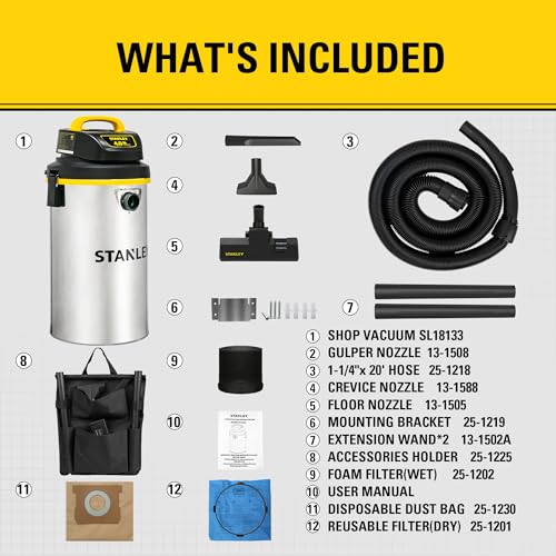 STANLEY Wet Dry Vacuum,4.5 Gallon 4HP Wall Mounted Shop Vac,26 Cleaning Ranging Stainless Steel Tank,Garage/ Home/Upholster/Laundry/Rooms Vacuum SL18133 - color: Sl18133