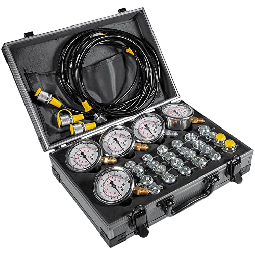 60P Hydraulic Pressure Test Kit with 5 Gauges 24 Couplings 3 Test Hoses for Excavator Construction Machinery 10/60/160/400/600Bar 150/900/2300/6000/9000PSI Hydraulic Test Gauge Kit with Carrying Case - style: 5 Gauges 24 Test Couplings