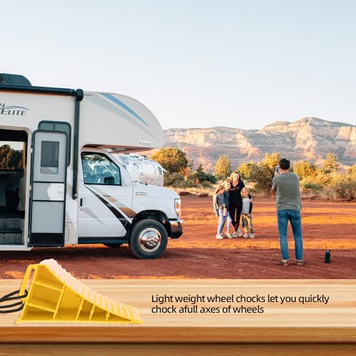 Homeon Wheels Large RV Wheel Chocks, 2-Pack Extra-Wide with Handle, Yellow | Built-In Rope Keeps Chocks Within Reach - color: Yellow Large Chocks