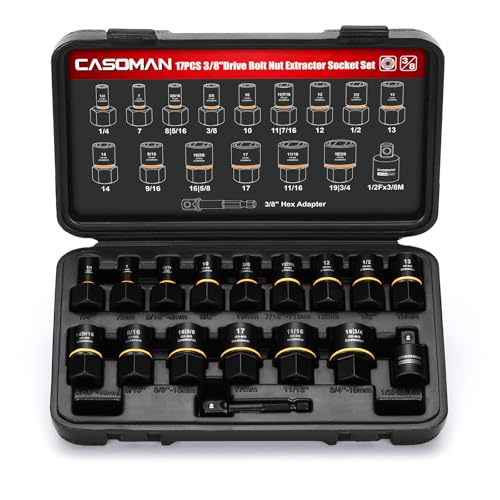 CASOMAN 17-Piece 3/8" Drive Bolt Impact Extraction Socket Set, Stripped for Damaged Rusted Frozen Studs Rounded Bolts, Nuts & Screws, CR-MO - size: 17-Piece