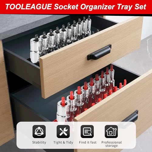 TOOLEAGUE 9Pcs Socket Organizer Tray and Magnetic Wrench Holder Set,Red SAE & Black Metric, 1/2", 1/4", 3/8" Socket Storage Trays for Tool Box Drawer - size: 9pcs