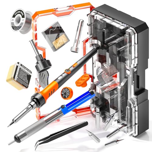Soldering Iron Premium Kit, 60W Soldering Gun with Ceramic Heater, 12-in-1 Soldering Tool, Adjustable Temperature 200 to 450°C, Includes Soldering Iron Tip, Solder Wire, Pump and Paste - color: orange