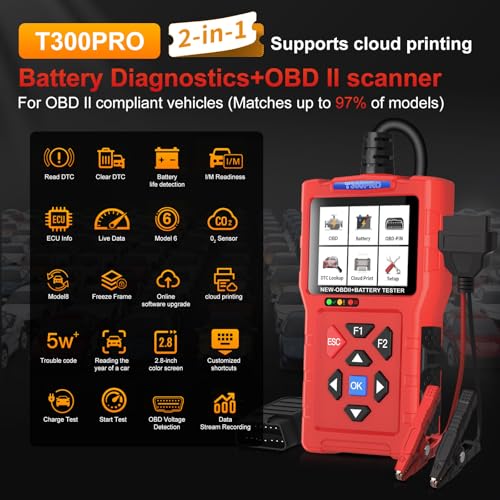 TopDiag T300PRO Car Code Reader & 12V/24V Battery Tester, Automotive Scan Tool for Check Engine Light, Live Data, and Car Battery Health Analyzer for DIYer - color: T300PRO-RED