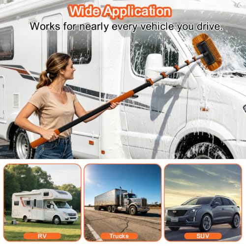 18FT Reach Car Wash Brush with Long Handle, Car Washing Kit with 4-12FT Telescoping Extension Pole, Wheel Brush, Microfiber Cleaning Mop, Mitt, Window Squeegee for Cleaning RV, Truck, SUV