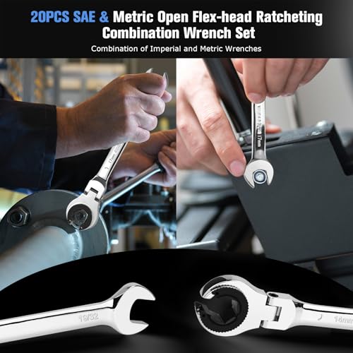 LOSCHEN 20PCS SAE & Metric Ratcheting Combination Wrench Set, with Open Flex-head, Open End Spanner Set with 72-Tooth Gear, CR-V Steel