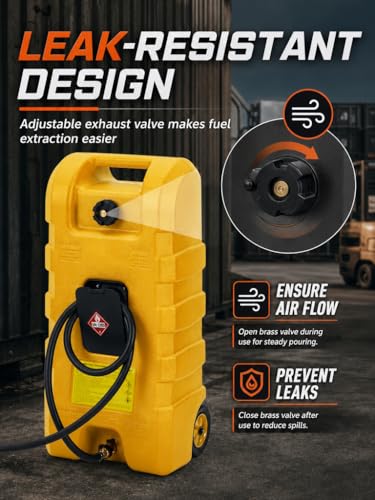15 Gallon Gas Can, Fuel Tank Container with Fluid Transfer Manual Siphon Pump & 10FT Hose, Portable Diesel Gas Storage Caddy with Wheels for Car, ATV, Weeder, Boat - color: Yellow
