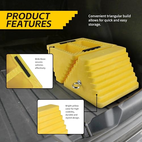 MaxxHaul 51169 Polyfoam Wheel Chocks with Steel Eyebolt – 2-Pack – 10″ × 8″ × 6″ Heavy-Duty Structural Foam – Bright Yellow – Vehicle & Trailer Safety for Cars, Trucks, RVs, Boats, ATVs - size: 10" X 8" X 6" (yellow)