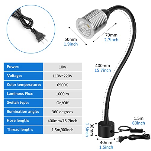 10W Magnetic Machine LED Work Light with Flexible Gooseneck and Magnetic Base, 1000lm, 6500k Magnetic Base Tool Lamp for Work Bench, lathe, Sewing Machine, Grill, Shop, Industrial Lighting