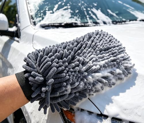 Grey Extra Large Size 7.5" X 11.5" Chenille Premium Scratch Free Microfiber Wash Mitt for Car Washing, Ultra-Soft Car Wash Glove, Swirl Free Finish, Safe for Trucks, SUVs, Motos, and More