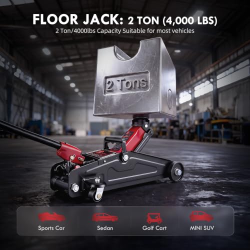 2 Ton Hydraulic Floor Jack: Portable Car Jack for Roadside Emergency, Low Profile 5.1" to 13" Lift, Heavy Duty Steel Trolley Jack for Cars Sedans & Small SUVs, Tire Change Jack, 4000 lb Capacity - size: 2 Ton
