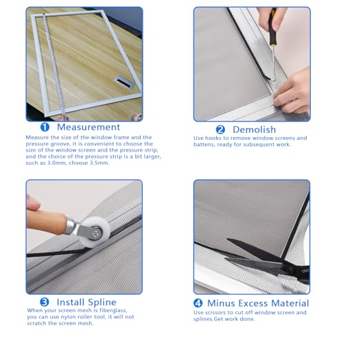 BAYTORY Window Screen Repair Kit, Nylon Roller Tool with Bearing | Spline Removal Hook and 32ft Retainer Spline Replacement for Installing Door Mesh Screens