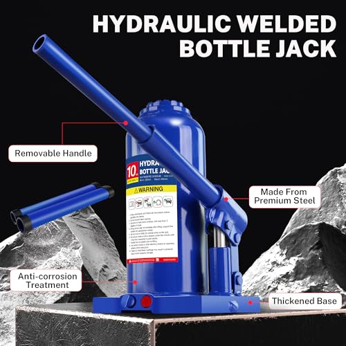 10T Hydraulic Bottle Jack, 20,000 lbs, with Tire Kit | Welded steel jack for box trucks & farm equipment. 9.06"-17.32" lift. Carry case. - color: 10 Ton Basic with Tire Repair Kit