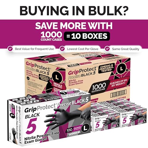 GripProtect Precise 5 Mil Black Nitrile Gloves – Chemical Resistant Nitrile Gloves with Textured Grip for Mechanics, Janitorial, Tattoo & Food Prep – Medical Grade Disposable Gloves, Large, 100 - size: L