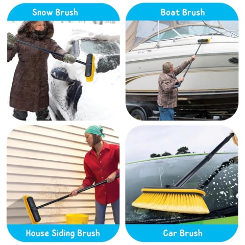 Car Wash Brush with Long Handle, 55'' Vehicles Exterior Washing Supplies, Soft Bristle Scrub Broom for Solar Panel, Boat, RV, Truck, Deck Cleaning, 2 Wax Applicator Pads Included