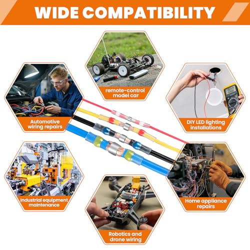 200PCS Solder Seal Wire Connectors Kit - Heat Shrink Butt Splice with Pre-Installed Solder Rings, 26-10AWG, Waterproof, for Marine/Auto/Industrial/Home/RC Car/DIY Wiring