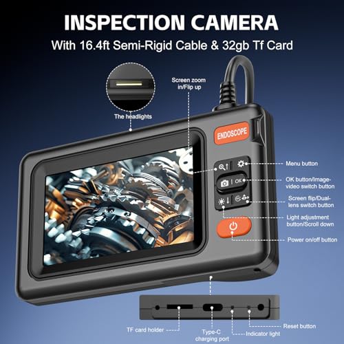 Dual Lens Endoscope Camera with Light, 1920P HD Borescope Camera with 4.3" LCD, 8 Adjustable LEDs, 16.4FT Semi-Rigid Cable & 32GB Card-IP67 Waterproof Inspection Borescope for Sewer/Drain/Pipe(Black)