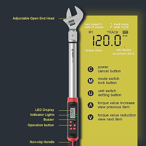 VANPO Digital HVAC Torque Wrench 7.4-147.6 ft.lb, 38mm Adjustable Jaw | 10-200 N.m, ±2% Accuracy, LED Buzzer Alert, 14x18mm Open End, Adjustable Digital Torque Wrench for Mini Split AC, Pipeline - size: 7.4-147.6ft.lb/10-200N.m (14×18mm)