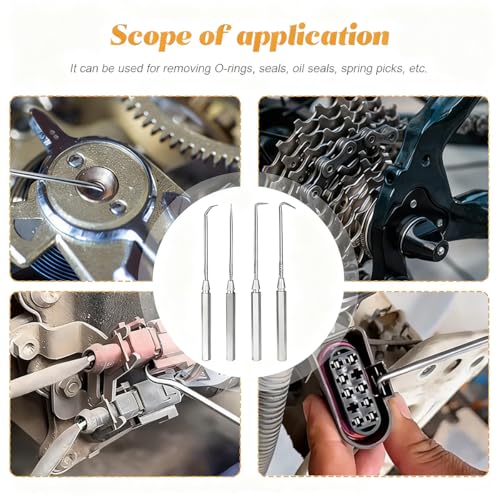 4PCS Precision Car Hook and Pick Set, Steel Leather Vehicle Pick Hook Puller Remover with Aluminum Handle, Automotive Puller Tools for O-Rings & Oil Seals, Universal Fit