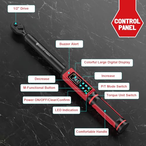 SUERCUP 1/2" Digital Torque Wrench (4.4-295 Ft.lb / 6-400Nm) for Auto/Truck | ±1% Accuracy, Electronic Torque Wrench, Vibration/Buzzer/LED Alerts, 9 Presets & 5 Units, for Truck, Trailer & Heavy-Duty - size: 1/2" 4.4-295 Ft.lb/6-400N.m