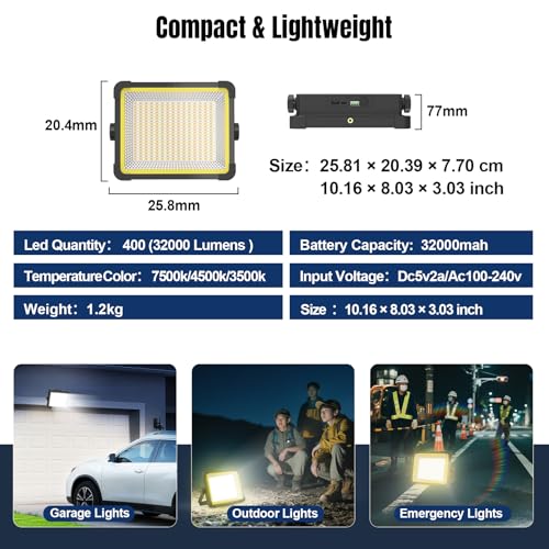 400W Solar 32000MAh Rechargeable Work Light, 400 LED 32000LM Portable Flood Light with Stand&Dimming Function, IP66 Waterproof 3 Modes LED Job Site Lighting Flashlights for Mechanic Car - color: Yellow