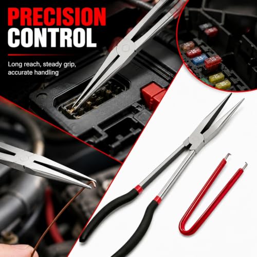 11-Inch Extra Long Needle Nose Pliers with Fuse Puller, Long Reach Heavy Duty Cr-V Steel, Non-Slip TPR Grip, Wire Cutter, for Electrician, Automotive Repair, Jewelry Making, Electronics, 3D Printing