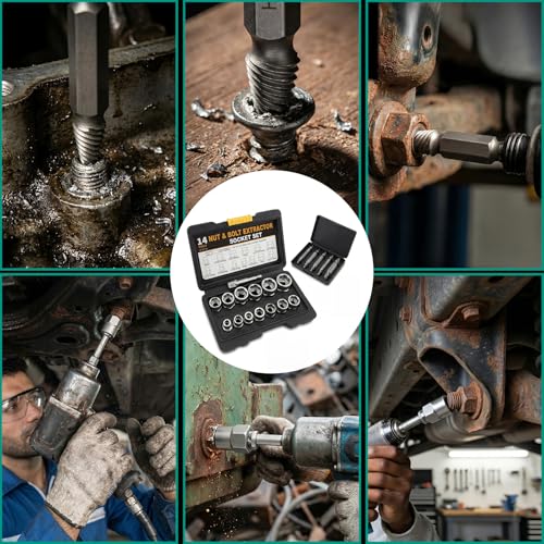 19pcs Bolt Extractor & Screw Extractor Set for Rusted, Stripped, Frozen Broken Screws, Bolts, Nuts Solution for DIY Auto Repair & Home Improvement