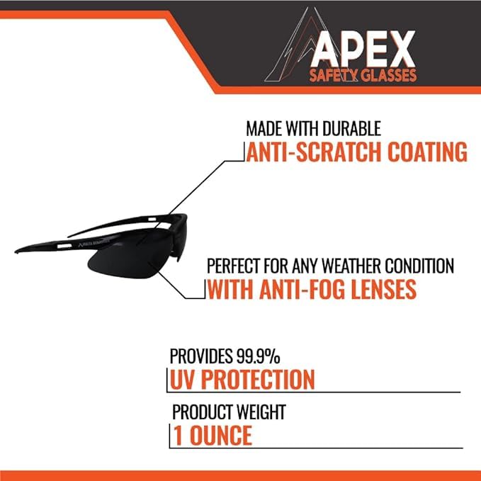 Malta Dynamics APEX Safety Glasses – Anti Scratch and Anti Fog Protection, Construction Safety Glasses for Men and Women, ISEA & ANSI Z87 Compliant (Tinted, 36 Pairs) - color: Tinted - 36 Pair