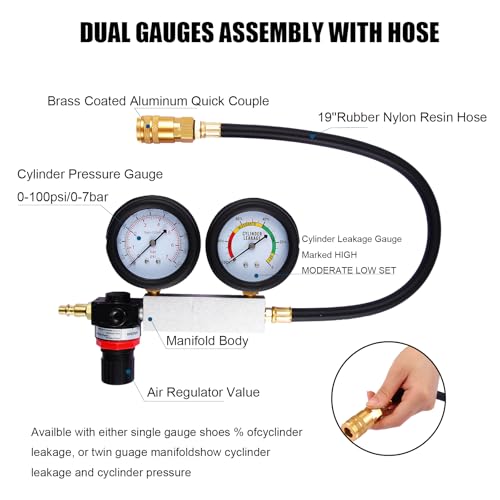 Engine Compression Tester Automotive, Cylinder Leak Down Tester Kit, Multi-Function for Gasoline Engines, Pressure Check & Leakage Rate Test for Cars, Trucks, Motorcycles